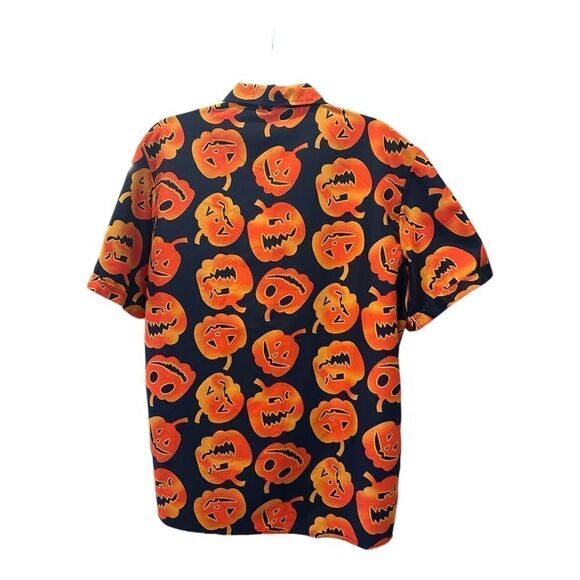 Halloween Button Up Short Sleeve Shirt Men's L Novelty Jack-O-Lantern Pumpkin - Picture 2 of 13